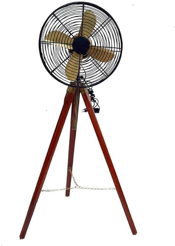 Brass Antique Stand Fan with Wooden Tripod (Black) For Home, office Decor Nautical Floor Fan