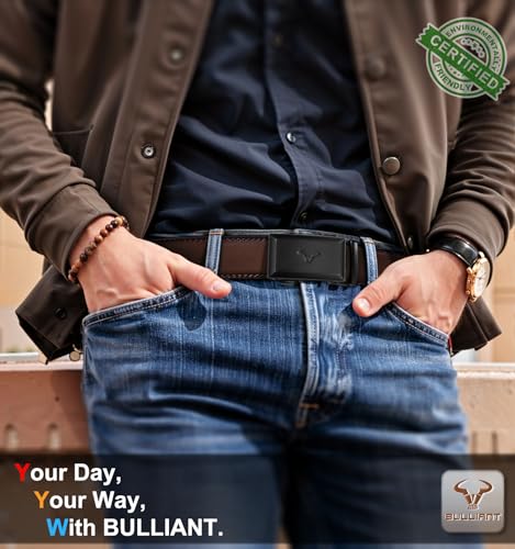 Image of BULLIANT Men Ratchet Belt 2 Pack, Click Sliding Leather Belt Adjustable for Gift Men Dress Casual Jeans 1 3 /8,Cut for Fit