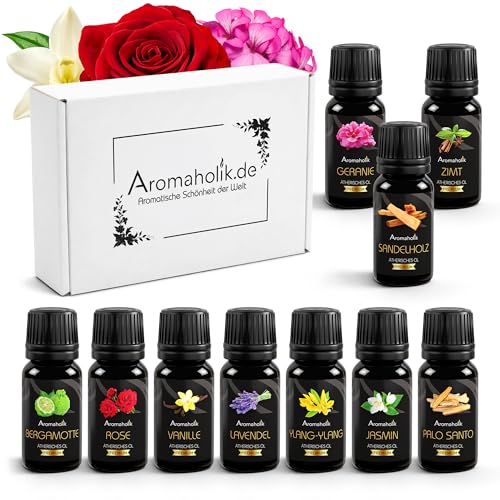 Prezent Miłosny Olejki Eteryczne Zestaw 10szt – Cynamon Lawenda Jaśmin Ylang-Ylang Wanilia Bergamotka Geranium Palo Santo Drzewo Sandałowe Róża – 100% Naturalne Aromaterapia Walentynki
