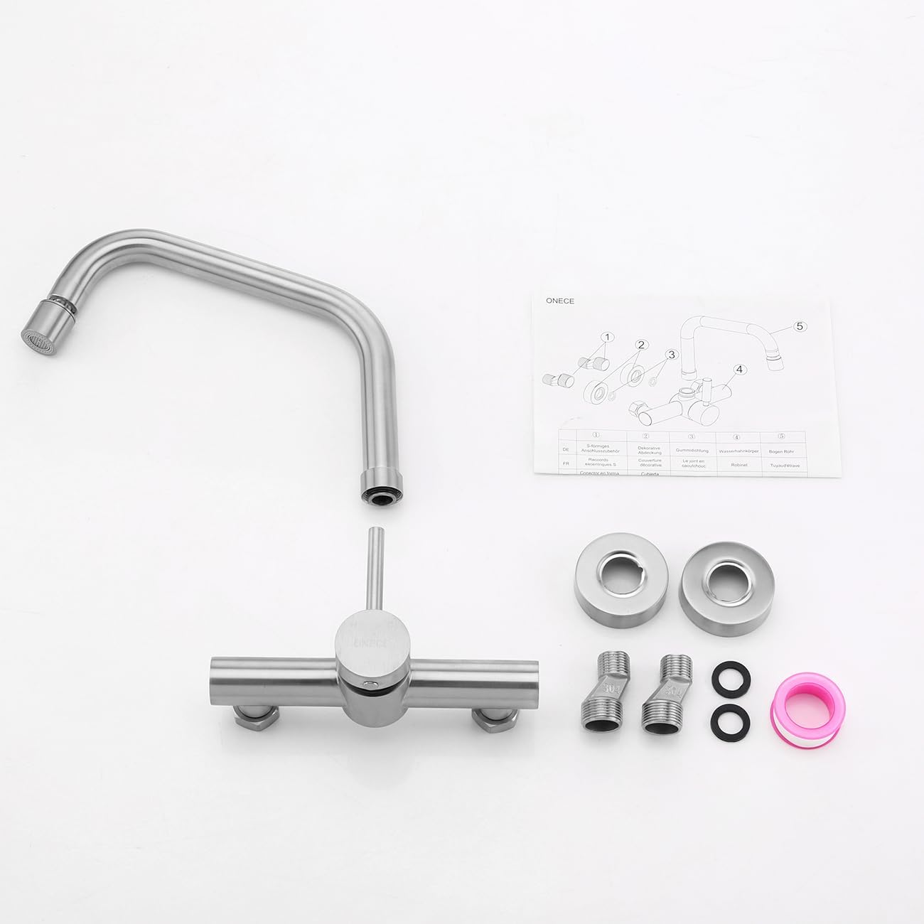 ONECE Grifo Cocina en la Pared con 2 Modos, Grifería con Caño Giratorio | Mezclador Monomando para Fregadero Rotación de 360°, Acero Inoxidable 304, Aireador Extraíble