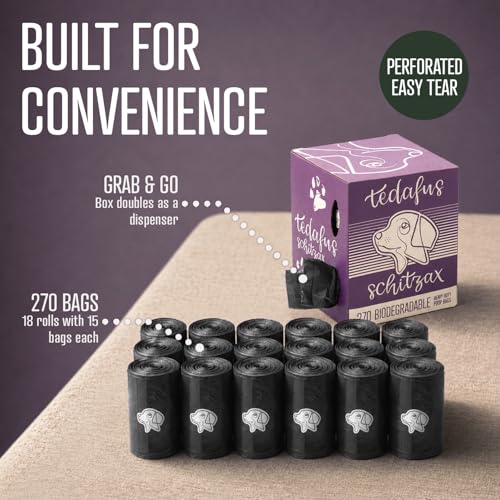 Image of Dog Poo Bags | Eco Biodegradable Poop Bags | Thick Dispenser Refill Rolls with Tie Handles | Strong Bags | 100% Leak-Proof Unscented Sacks (Black, 1 Box - 270)