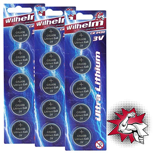 Wilhelm CR2430 - Pilas de botón (litio, 15 unidades, 3 V, 270 mAh, diámetro de 24,3 x 3,0 mm, DL 2430)