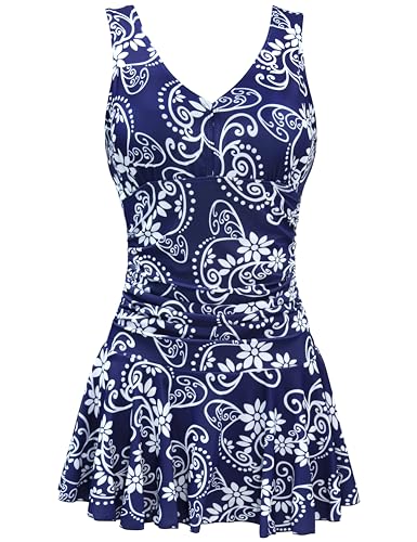 AONTUS Damski strój kąpielowy plus size z kontrolą tummy, Niebieskie, 24-26