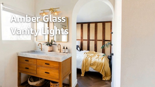 Image of Bathroom Light fixtures Vintage wall Sconce 2 Light Bathroom Vanity Light Gold Wall Sconce Lights Amber Glass Art Deco Vanity Lights Over Mirror for Bedroom Hallway Living Room