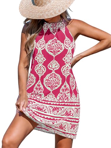 Image of CUPSHE Women Halter Summer Dress Back Self Tie Sun Dress Casual Holiday Vacation Beach Paisley Boho Short Mini Dress