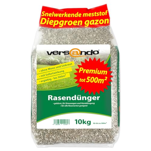versando 10kg gazonmest voorjaar zomer tot 500m²: voorjaarsmeststof met directe werking voor een gezond, diepgroen gazon, stofarm granulaat, geschikt voor strooiwagen - premiumkwaliteit