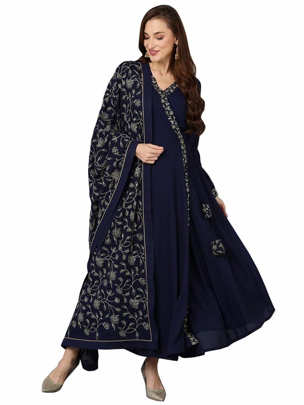 Image of Vaamsi Women's Georgette Embroidered Flared Angrakha Pant With Dupatta With Inner
