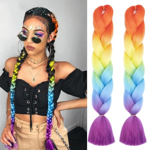 Pre Stretched Ombre Braiding Hair Extensions for Women Colored Rainbow Jumbo High Temperature Synthetic Fiber Hair Twist Crochet Braids 24 Inch Braiding Hair for Pride LGBTQ Cosplay Party Makeup