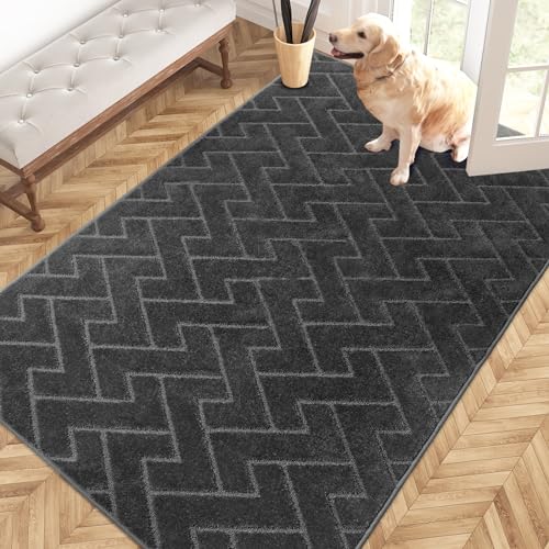 PURRUGS Easy Care Area Rug 4ft x 6ft, Non-Slip Machine Washable Entry Rug, Dog Door Mat, Stain Resistant Accent Rug for Hallway, Bedroom, Living Room and Mudroom, Charcoal