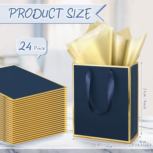 Image of Yeaqee 24 Pack Metallic Paper Gift Bag with Tissue, Navy Blue, Gold | with Satin Ribbon Handle and Tissue, 9x7x3.1 Inch, Suit Business, Birthday, Christmas, Thank You Return Gifts Bags