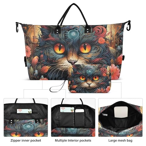 Large Travel Duffel Bag, Fantasy Flower Cat Sports Tote Gym Bag, Shoulder Weekender Overnight Bag for Women Men, Carry On Luggage with Toiletry Bags2