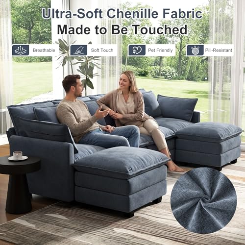 Image of 107 inch Cloud Couch Sectional Modular Sofa, Deep Seat Couches with Ottoman and Removable Washable Pillows for Living Room, Bedroom, Apartment, Blue