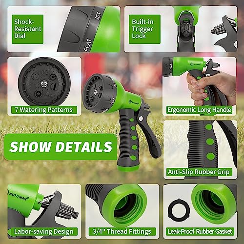 Image of AUTOMAN-Garden-Hose-Nozzle,ABS Water Spray Nozzle with Heavy Duty 7 Adjustable Watering Patterns,Slip Resistant for Watering Plants,Lawn& Garden,Washing Cars,Cleaning,Showering Pets - Green