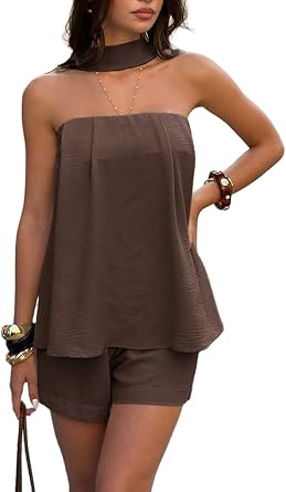 EOSIEDUR Women Two Piece Outfits Strapless Sleeveless Top And Shorts Set Casual Summer Tracksuit