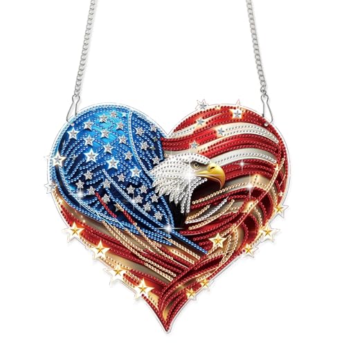 Image of 4th of July Diamond Art Hanging Kits for Adults, American Eagle Pendant | DIY Diamond Painting Suncatchers Kits, Acrylic Home Garden Decor with Chain, Independence Day Craft