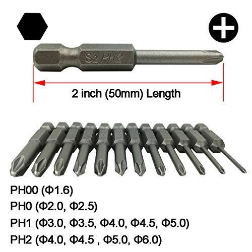 LEROM Phillips Cross Screwdriver Bits, 12Pcs 1/4 Hex Shank Magnetic Cross Phillips Screw Head Screwdriver Bits Electric Screwdriver Set Power Tools | 2 inch length