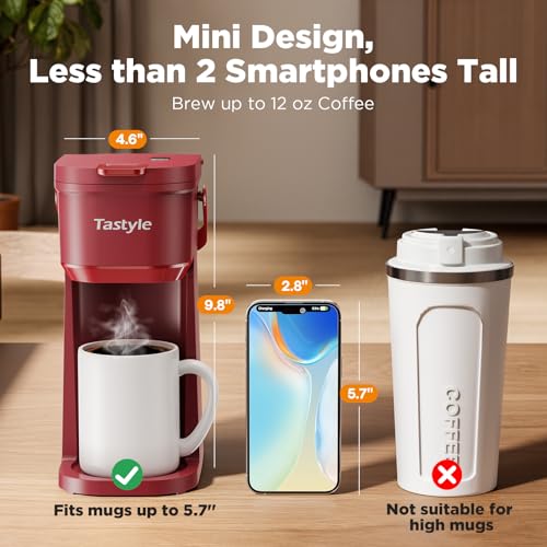Image of Tastyle Single Serve One Cup Coffee Maker, for K Cups and Grounds, Mini Coffee Maker with Portable Handle, 6 to 12 Oz Brew Size, for Travel, Camping, Office, RV and Dorm, 120V, Vintage Red