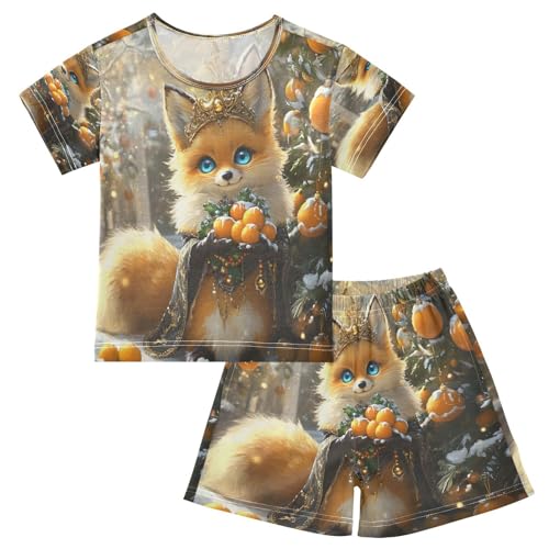 ALAZA Fox with Crown Pajamas Set Short Sleeve Cotton Sleepwear Summer Pjs 2 Piece 5-14Y