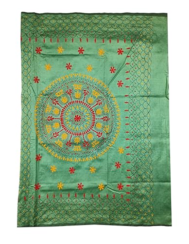 Image of SHRISTI CLOTHINGS Women's Hand Embroidered Cotton Silk Kantha Stitch Saree with Blouse Piece (J420724 BAYLEAFGREEN)
