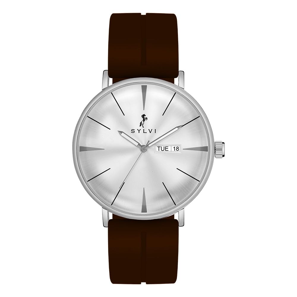 Sylvi Elegadoom White Dial Silver Case Coffee Silicone Strap Analog Watch for Men (B0D9CYPV7Q) Amazon Price History, Amazon Price Tracker
