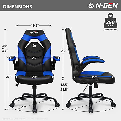 N-GEN Video Gaming Computer Chair Ergonomic Desk Office Chair for Adults with Lumbar Support Flip-Up Arms Adjustable Height Swivel Wheels PU Leather Executive Design for Home and Office (Blue) - Image 4