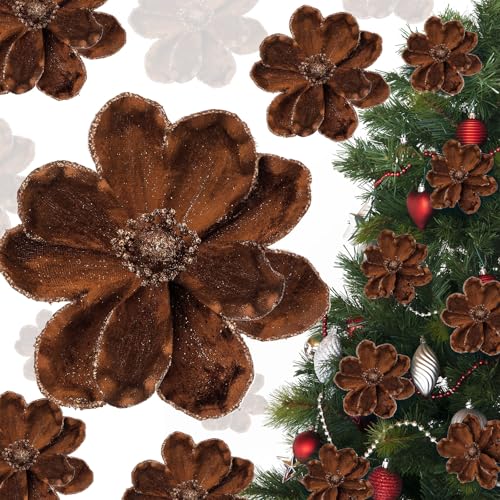 Maysing 20 Pcs Christmas Velvet Poinsettia Flowers Ornaments 6.3Inch Glitter Artificial Magnolia Flower Christmas Tree Ornament with Stem for Xmas Tree Decorations Wedding Decor Supplies (Brown)