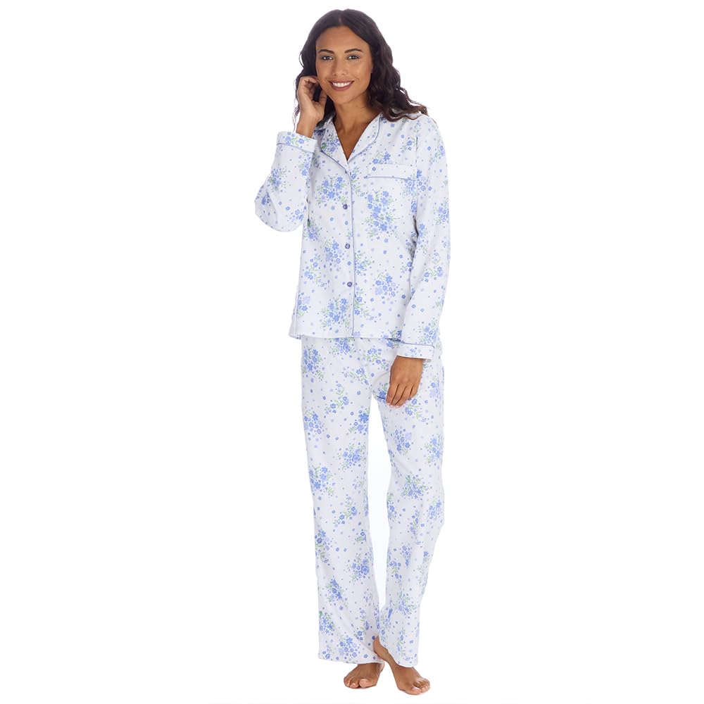 Metzuyan Ladies Floral Printed 100% Cotton Pyjama Set Classic Buttoned White Sizes White Blue UK 22-24