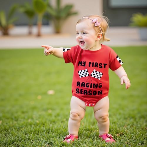 KMBANGI My First Racing Season Outfit Newborn Baby Boy Girl Short Sleeve Race Car Checkered Flag Romper Infant Clothing 0-18M3