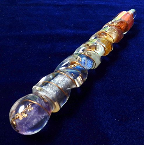 Big 7 Chakra Stone Orgone Resin Spiral Wand with Copper Infused and Pointed End, Charged Chakra Reiki Metaphysical Crystal therapy, Certificate Of Authenticity & Bonus