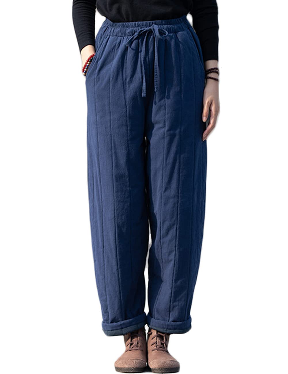 NFYM Women Pants Quilted for Winter Warm Thick Cotton Linen Casual Wide Leg Elastic Waist Pocket Slim Trousers