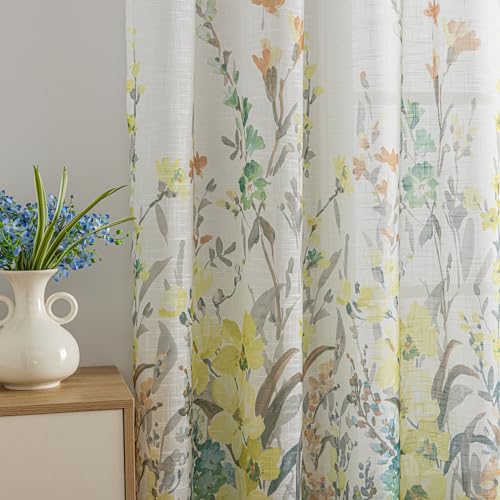 Image of SUOUO Gray Yellow Wildflower Floral Semi Sheer Curtains 96 inches 2 Panels | Linen Textured,Light Filtering,Farmhouse Cottage Decor,Rod Pocket,Window Drapes for Living Room Bedroom Dining Room
