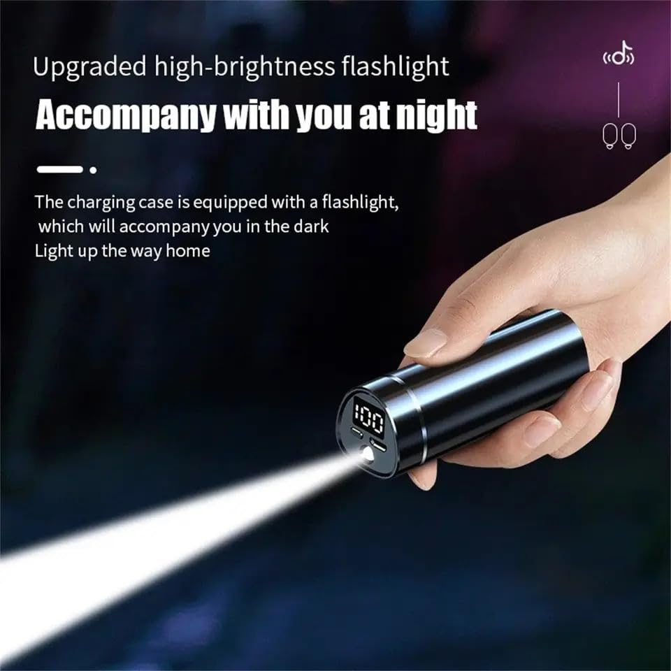 Hand holding the earbud charging case with its integrated flashlight illuminated in the dark