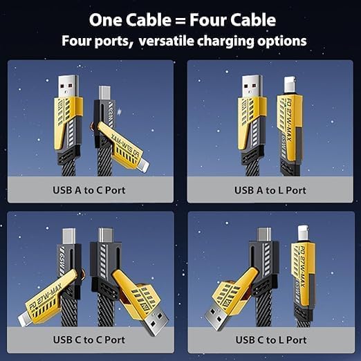 Image of 4-in-1 Multi Purpose Fast Charging Cable | Heavy Duty Braided Design | Lightnig to USB-C, USB-C to C, Lightnig to USB | Durable Military Build | Compatible with iPhone, Samsung, OnPlus & More