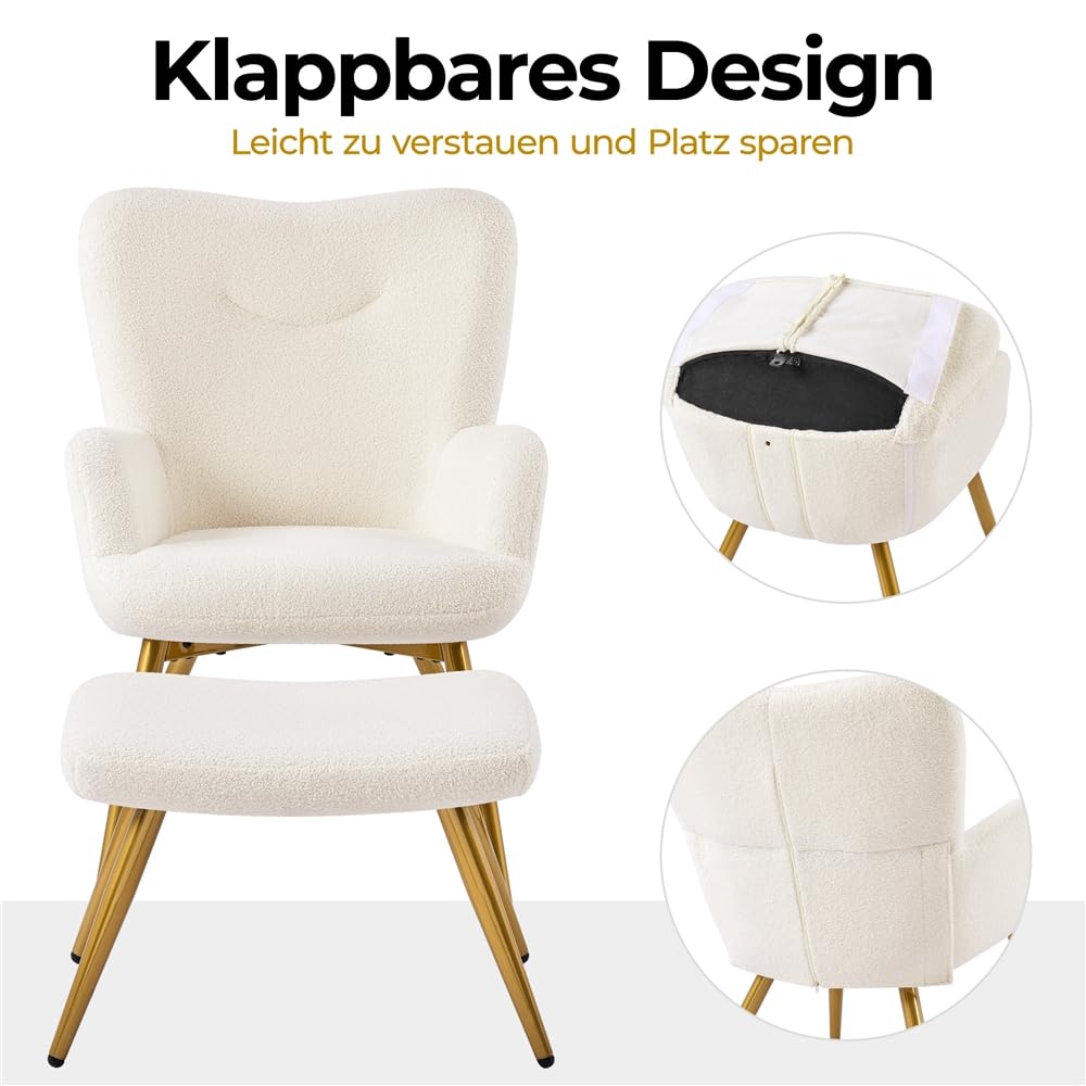 Yaheetech Sessel Ohrensessel mit Hocker aus Boucle-Gewebe, Relaxsessel mit Fußstütze, Loungesessel mit Klappbarer Rückenlehne, Fernsehsessel für Wohnzimmer/Schlafzimmer Elfenbein