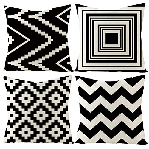 HOSTECCO Waterproof Geometric Pillow Covers 18x18 inch Set of 4 Boho Black and White Pillow Cases Outdoor Decorative Cushion Cases for Sofa Patio Garden