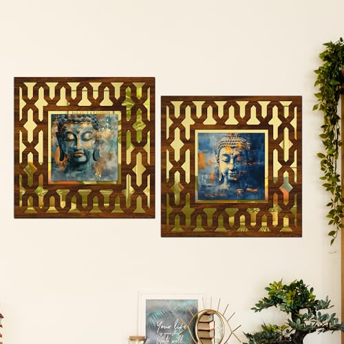 Image of Wooden Buddha Art Mirror Wall Decor Panel for Home Decor Living Room Bed Room Office (AD2, 12X12 Inches, Set of 2)