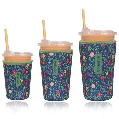 Image of Reusable Insulated Neoprene Iced Coffee Cup Sleeve, Durable Drink Sleeve for Cold Beverages, Beverage Holder for Iced Coffee, Fern Florals