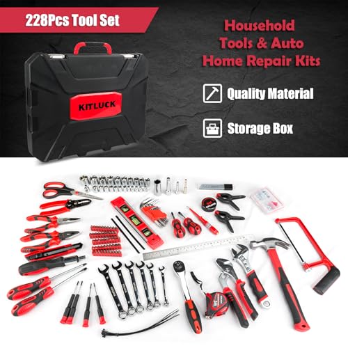 Image of KITLUCK 228-piece Home Tool Kit, Household Hand Repair Tool Set for men, Portable Tool box Set with Tools (Screwdriver, Wrench, Plier, Socket, Harmer, Hex Key, Rule, Saw, Knife, etc.) for Home and Car