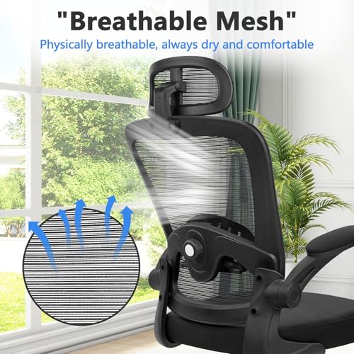 Image of KLASIKA Desk Chairs with Wheels, Ergonomic Mesh Back Home Office Chair with Headrest, Adjustable Lumbar Support Swivel Rolling Computer Chairs with Flip Up Arms for Conference Meeting Room, Black, 8PK