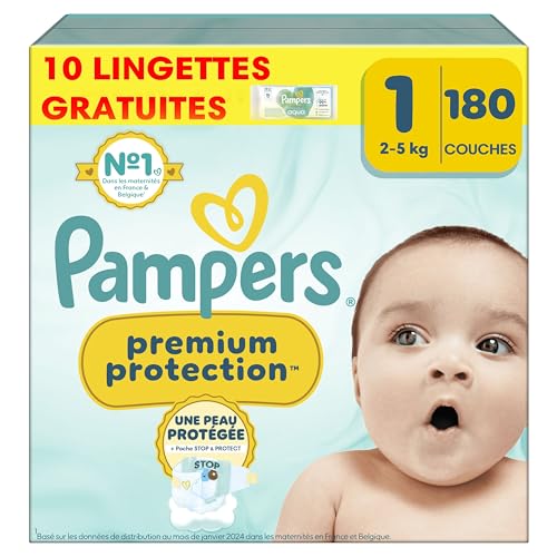 Pampers Premium Protection Taille 1, 180 Couches + 10 Lingettes Harmonie Aqua, 2-5kg, Double Protection pour la...