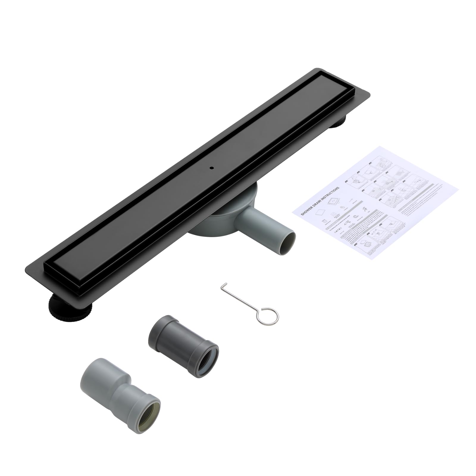OUGOO Linear Shower Drain 60cm, 2-in-1 Tile Insert Floor Drain, 304 Stainless Steel Wet Room Channel with 360° Rotatable Siphon, Hair Strainer & Odour Trap, DN40/50 Adapters - Matte Black