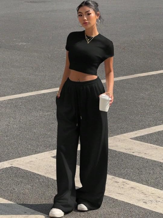 Image of Women's Relaxed Fit Black Track Straight Fits ? High Waist with Pockets for Sporty & Casual Look