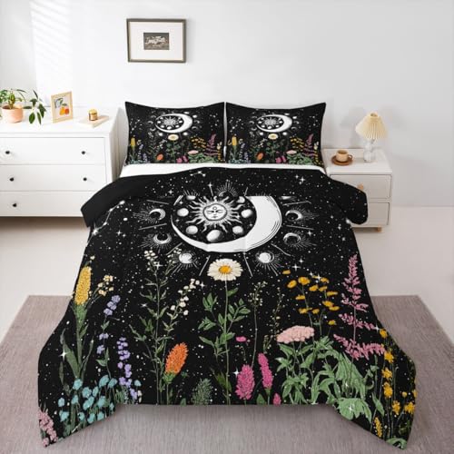 Image of Feelyou Sun and Moon Bedding Set Full Size Constellations Comforter Set for Kids Boys Girls Galaxy Astrology Branches Plants Comforter Black and White Quilt Set with 2 Pillowcases