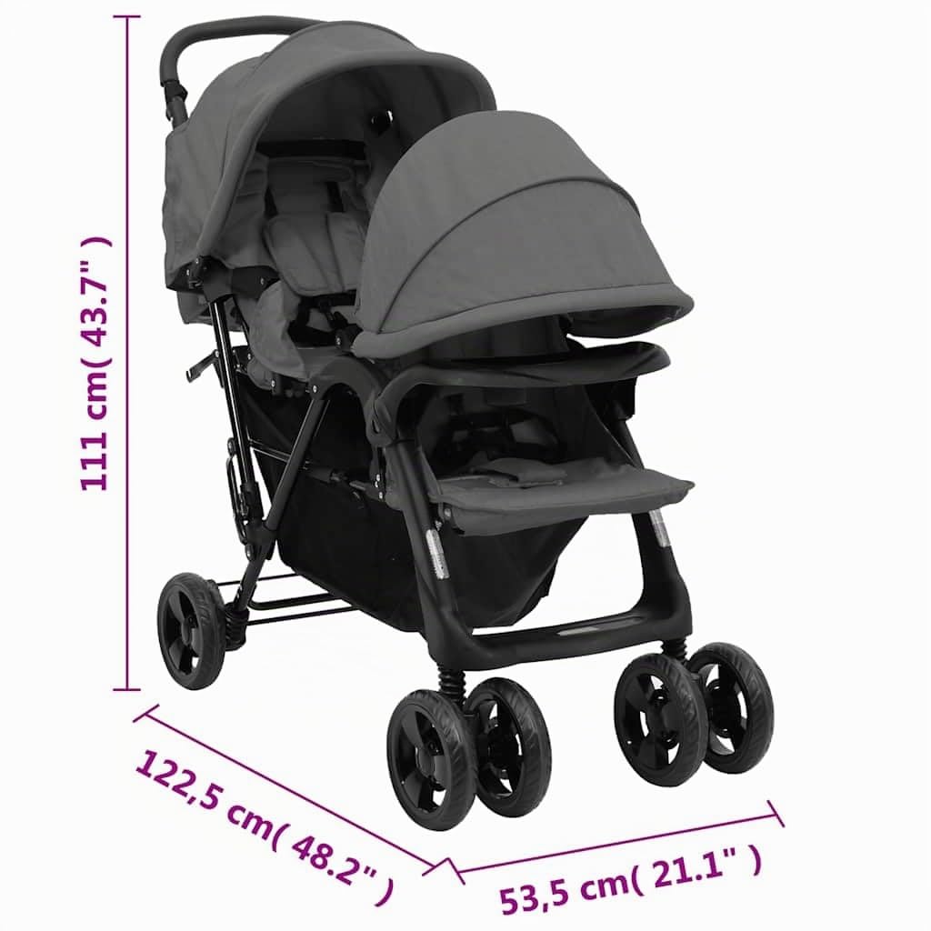 vidaXL Carrito para Gemelos Cochecito Sillita Gemelar Silla de Paseo Canasta Niños Reposapiés Ajustable Dosel Plegable Tándem Acero Gris Oscuro