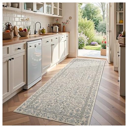 jinchan Zenith Floral Runner Rug 3x8 Washable Kitchen Runner Non-Slip Low-Pile Soft Carpet Runner Botanical Throw Rug for Hallway Entryway Laundry Room Bedroom Blue/Cream