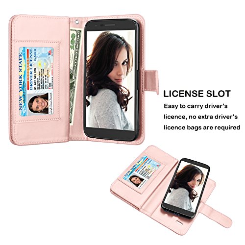 Njjex Lg K10 2018/Lg K30 Wallet Case, Lg Premier Pro Lte/Xpression Plus/K30 Plus/Harmony 2/Lg Phoenix Plus Case, Pu Leather [9 Card Slots] Id Credit Kickstand Detachable Magnetic Flip Cover -Rose Gold #TOP2