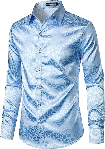 PARKLEES Chemise de luxe à manches longues en jacquard pour homme, coupe ajustée, en satin imitation soie, imprimé floral, chemises pour mariage, bal, bleu clair, M