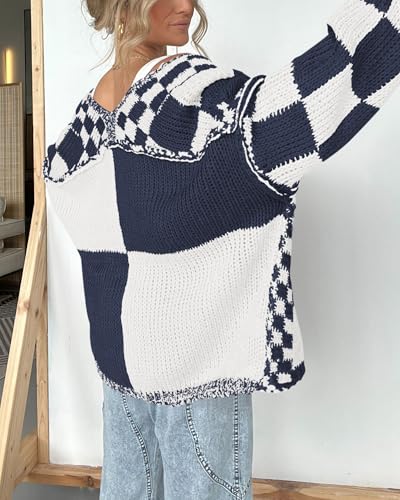 Image of BTFBM Casual Cardigan Sweater for Women Fall 2026 Long Sleeve Open Front Chunky Knit Sweaters Checkered Outwear Coat