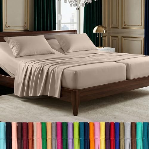 Image of Elegant Comfort Luxurious 1500 Premium Hotel Quality Microfiber Three Line Embroidered Softest 5-Piece Bed Sheet Set, Wrinkle and Fade Resistant, Split King, Cream