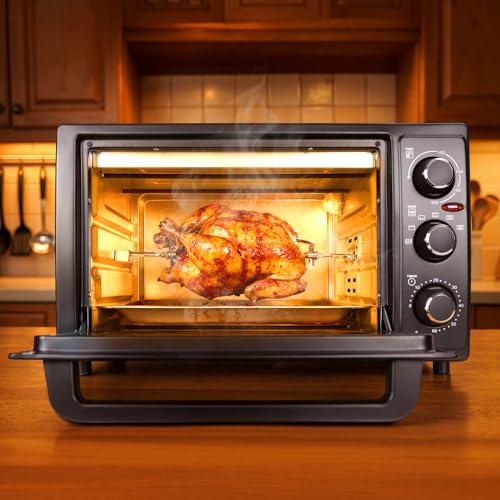 Mini Four 32L avec Broche de Rôtisserie, Four Chaleur Tournante, Four Posable Multifonction 1500W, Rotissoire, Minuterie 60 Min, Deshydrateur, 6 Accessoires...